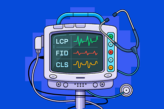 Ilustração de uma máquina de batimentos cardíacos ao lado de um estetoscópio, porém mostrando as linhas de medição de LCP, FID e CLS
