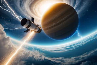 Jupiter airdrop: a massive spacecraft releasing a payload into the planet's atmosphere, surrounded by swirling clouds and lightning