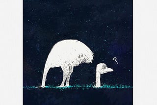 An illustrated image of an ostrich with its head stuck in the ground and then re-emerging behind it.