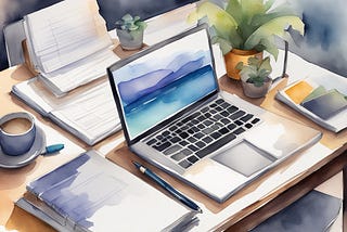 A desk with a laptop, notebook, and pen. A stack of papers with "14 Tips for Creating a Strong Developer Portfolio" written on top