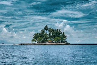 An island with plam trees a small house surrounded by blue water