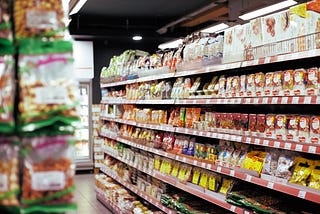 In-store shopping in a big supermarket with quality products for different consumers