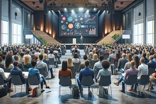 A crowd of business professionals watching a presenter on a stage