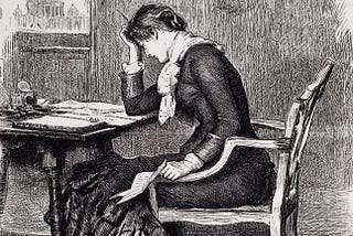 Woman, sitting at a desk with many documents, rubbing her head.