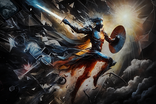 “Disabled Warrior,” digital illustration by author. A non-gendered warrior creates themself (to coin language) out of… and battling… dark chaos, a bright spark headed toward a dim light… They never know if there’s a goal… Plus they wear a blindfold like Lady Liberty. In the chaos behind them are dim objects of adversity… chains, bread line, car wreck, wheel chair, a fallen dove… others I probably forget…