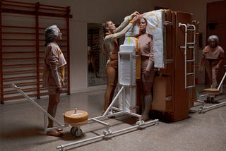 A woman is stood inside a large sponge contraption which has a cut out perfect for her body size, Lucy is adjusting something above her head, and two older woman stand watching either side.