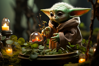 Baby Yoda pondering an orb in a forest