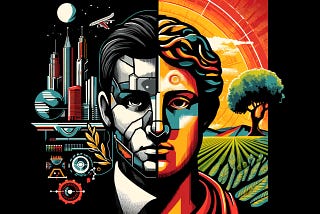 An artistic image depicting a split human face, symbolizing the duality of progress. The left side is modern and technological, featuring elements like skyscrapers, factories, a spacecraft, and a robotic face in black and white tones. The right side represents tradition and nature, showcasing a person in a Greek robe, olive trees, farmland, and a radiant sun in warm, vibrant colors.