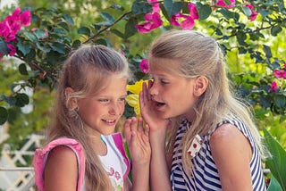 A young girl whispers a secret into another girl’s ear.