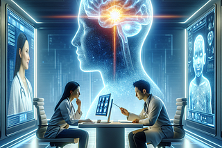 A doctor and patient engaged in a telemedicine consultation with a glowing, three-dimensional brain symbolizing AI's impact on healthcare.