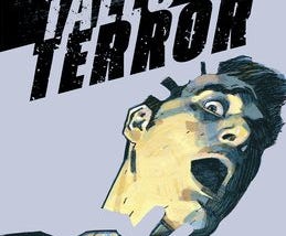image description: The book cover for Tales of Terror has a blue background with the cartoon face of a white man leaning back with his mouth open and eyes wide in fear. The blue background overlays the man’s throat in places so that it looks like hands are choking him and pulling him backward. Disclaimer: I received a free copy of this book in exchange for an honest review and I honestly enjoyed it! Post contains an affiliate link if you want to buy the book.