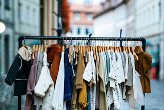 Assortment of clothing hanging on a dress rack on a city street, as if for consignment sale.