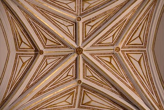 Photo of a Cathedral's cieling in Palencia, Spain, showing geometrical motives