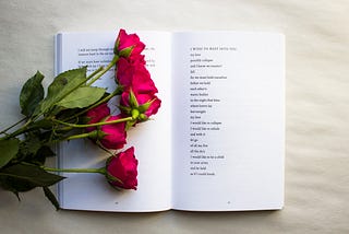 Fresh red roses splayed on top of an open book of poetry