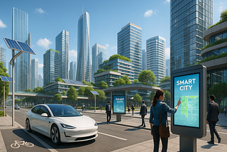 Smart city in 2025 with green technology, self-driving cars, and digital infrastructure.