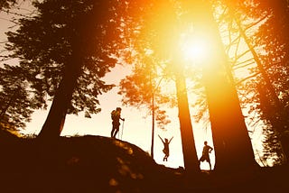 Three people are hiking in a forest, the sun shining to create a beautiful silhouette.