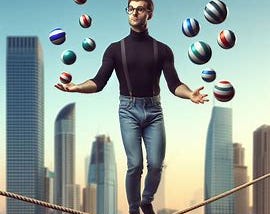 An entrepreneur walking on a tight rope, juggling multiple balls with both hands, with sky scrapers in the background, wearing blue jeans and black turtle neck t shirt, looking nerdy with glasses on. The intent is to show how a start-up founder needs to juggle multiple responsibilities.