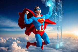 A superhero dropping data from the sky