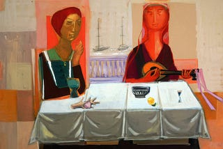 Orange woman at a table. Abstract art.