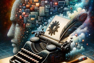 An abstract illustration showing a contrast between traditional and modern writing tools. A typewriter and a pen are juxtaposed with digital elements like a computer and AI imagery, symbolizing the conflict between deep, traditional writing and modern, superficial writing trends. The image uses a mix of dull and vibrant colors to highlight this contrast.