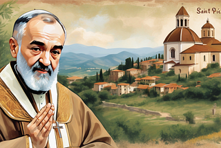 Saint Padre Pio overlooking Pietrelcina, Italy - Image created by Ai