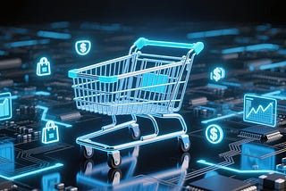 Blue-themed simulated circuit board covered in shopping cart icons