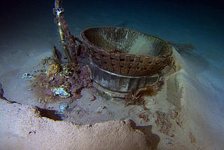 The Saturn V F-1 engine sitting half-buried on the ocean floor
