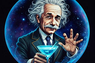 AI Image Of Albert Einstein with a martini in one hand and his other hand lifted up to greet you within a glowing blue orb.