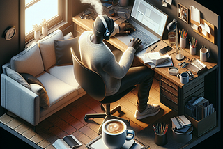 Person working on a laptop in a cozy home office with coffee and books.
