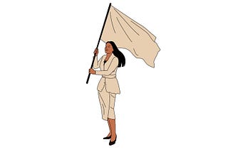 A graphic of a woman holding a beige flag