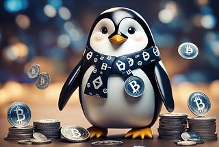 A cute penguin wearing a digital currency logo on its belly, surrounded by cryptocurrency symbols and icons