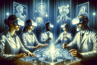 An artistic digital illustration of a futuristic laboratory with diverse scientists wearing virtual reality headsets and interacting with floating, holographic interfaces displaying the Otio.ai logo, symbolizing cutting-edge innovations in artificial intelligence technology.