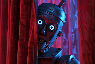 A robot with glowing eyes peeking out from behind a red velvet curtain.