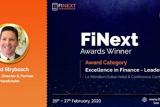 David Strybosch awarded the ‘Excellence in Finance Leaders’ award at FiNext Conference Dubai, 2020.