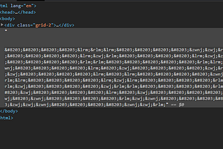 Screenshot of raw HTML from the webpage. It highlights over the zero width characters found in the code.