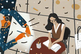 A minimalist digital illustration of a woman wearing glasses a sitting at a table in a cafe writing in a diary on new year's eve with pages from a calendar and clocks flying around her