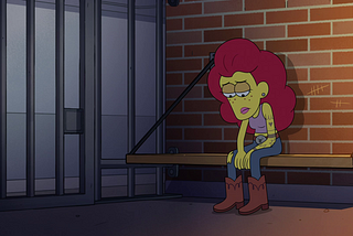 An image of a bright yellow skinned cartoon woman with tattoos sitting in a prison cell.