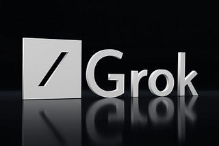 3D render of the Grok logo featuring a forward slash symbol and bold metallic text on a glossy black reflective surface, giving a sleek, modern tech aesthetic.