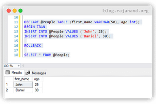 What happens to the records inserted into a table variable, if the transaction rollback?