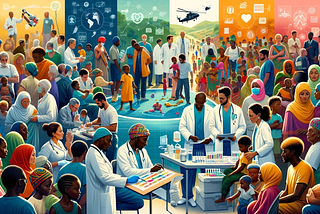 A colorful illustration of a diverse community with people in traditional and medical attire, interacting in outdoor and digital-infused settings, symbolizing unity, healthcare, and technology.