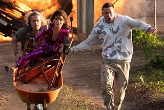 Brad Pitt, Sandra Bullock, and Channing Tatum in The Lost City movie.