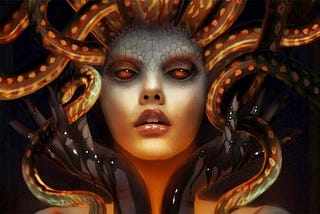 Illustration of Medusa, female face with snake skin forhead and numerous snakes in place of her hair