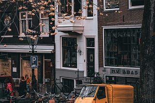 Dutch houses in the background as brown leaves fall from trees along a canal
