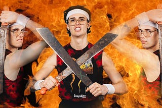 A young man in glasses and a white headband carrying two machetes in crossed with each other on a background of fire. A picture of him turned to the side and posing with the machete is superimposed on either side of the pic.