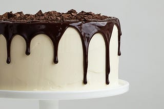 Photo of a vanilla cake on a cake platter with chocolate ganache dripping down the sides and shaved chocolate on top.