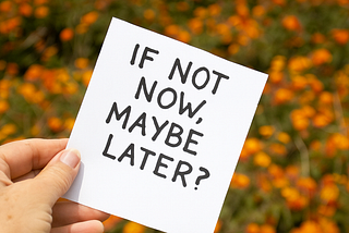 A hand holds a white card that reads “IF NOT NOW, MAYBE LATER?” in bold black letters