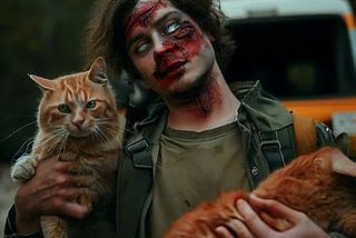 A zombie holding a pair of cats