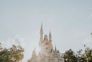 Cinderella’s castle in Disney world with sun behind