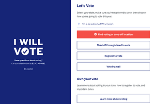 Screenshot of IWillVote page. Shows options to look up voting location, check voter registration, register to vote, etc.