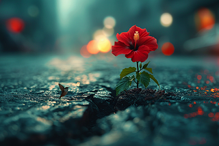 a hibiscus plant and flower growing out through a jagged crack in the city pavement. A hummingbird is near.